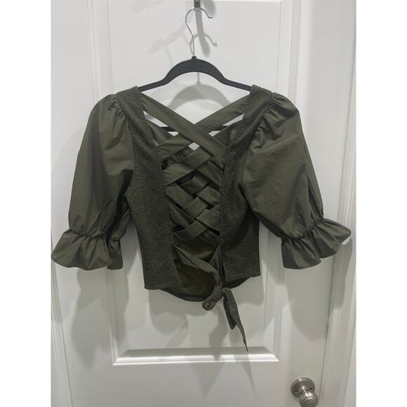 NWT Sunday in Brooklyn Anthropologie Tie-Back Corset Top Puff Sleeve Olive Sz XS - Picture 7 of 8